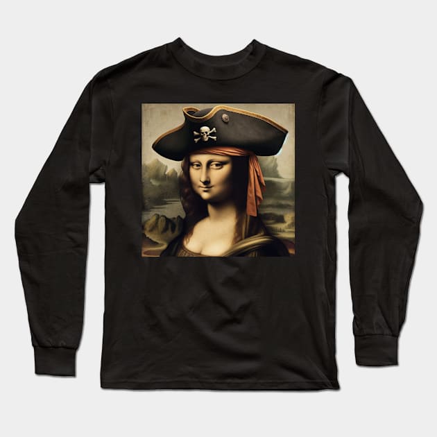 Mona Lisa wear Pirate Hat : Stylish National Hat Day Long Sleeve T-Shirt by Edd Paint Something